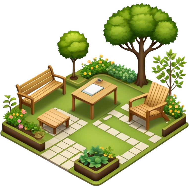 Icon for Landscape Design: a garden layout with trees, plants, pathways, and outdoor furniture, along with design tools like a rulerб pencil and sketchpad. The icon should represent the creativity and planning behind landscape design. Transparent background. emoji