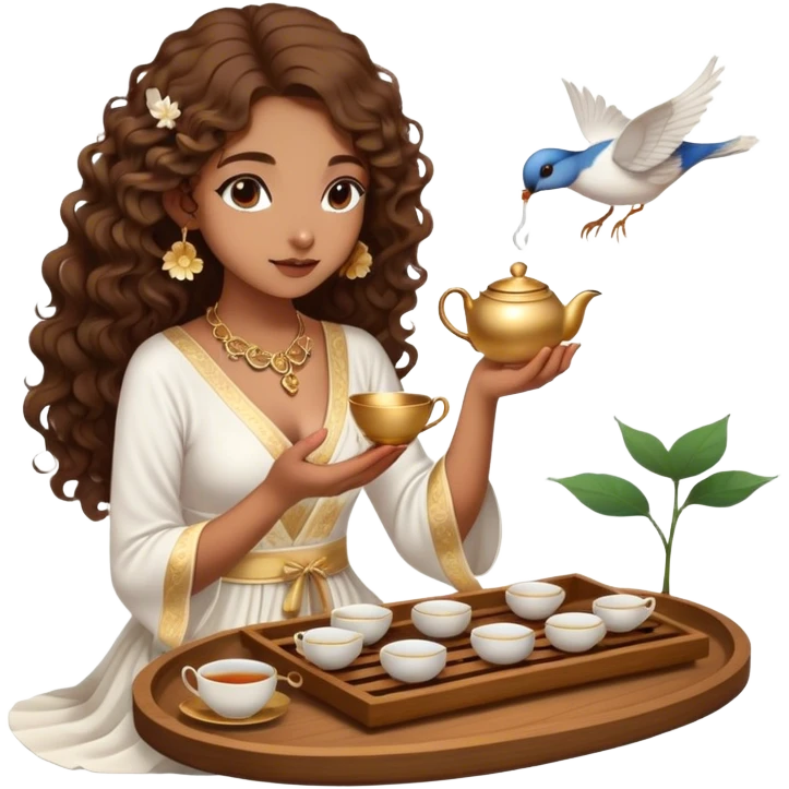 Light brown skin girl, long curly brown flat hair, gold jewelry, white dress, feeding birds with wooden tea ceremony tray with lotus flower emoji