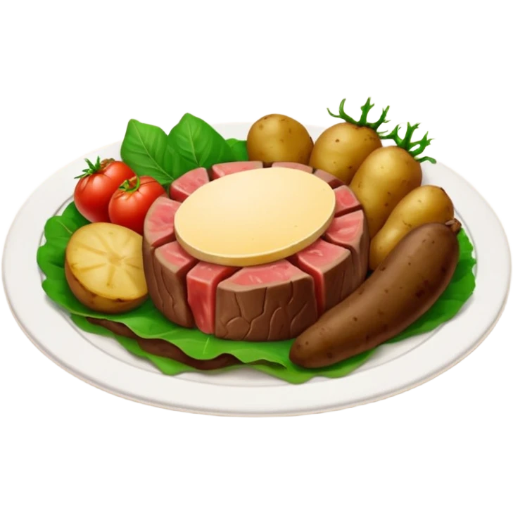 prato de jantar de buffet com pedaços de bife, batatas inglesas cortadas e vegetais verdes (como brocolis e tomates pequenos) emoji