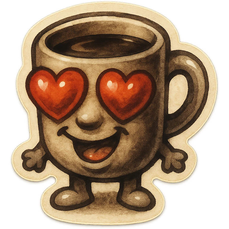 Ink wash style, coffee cup creature, big heart eyes, dopey smile emoji