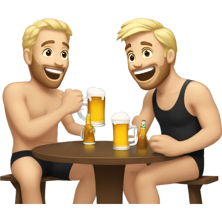 Two brown haired men and one blonde haired man sitting at a table drinking beer in a swimsuit. They are laughing emoji