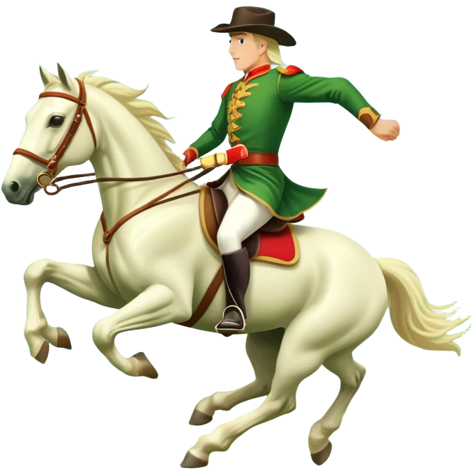 An icon showcasing a blue sky, distant mountains and a vibrant landscape. a majestic horse and rider in full gallop across a lush green field. The rider wears traditional gear, while the horse leaps with grace and power.  emoji