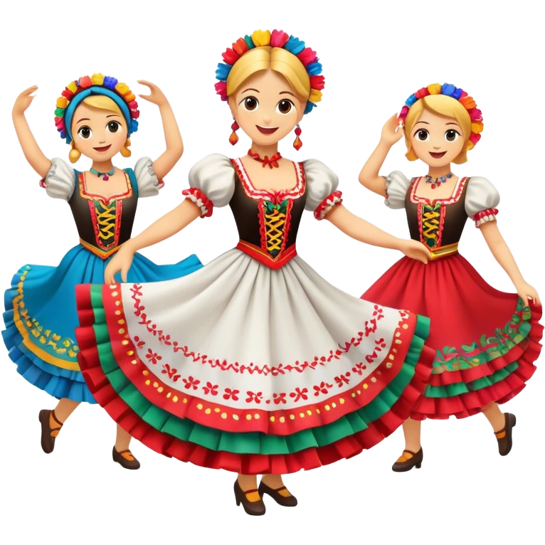Cinematic Realistic Mazurka Dance Emoji, depicted as a lively traditional Polish folk dance scene with colorful costumes and spirited movement, rendered with dynamic textures and vibrant festive lighting that captures its rhythmic energy. emoji
