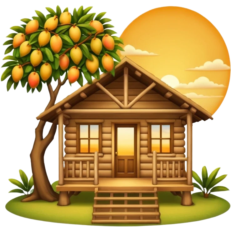 Warm wooden cabin with front porch under a mango tree branch, sunset sky in the background. Cozy, peaceful, emoji-style with soft edges and golden tones. emoji