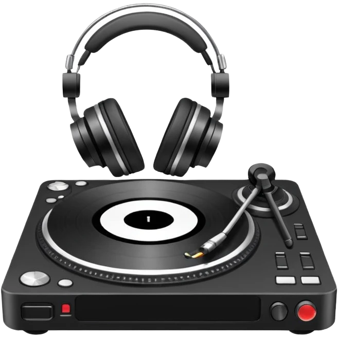 Minimalistic flat vector icon, iOS style, thin black contour on white background. DJ turntable with headphones. No text, no shadows. emoji