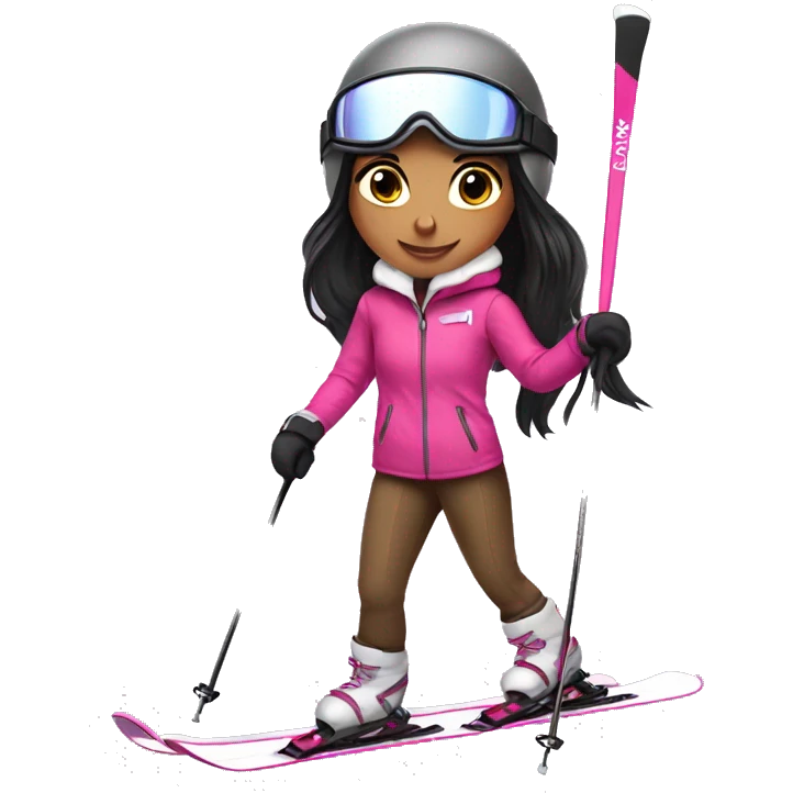 Brown Skier girl with long black hair and pink gear show skis and legs  emoji