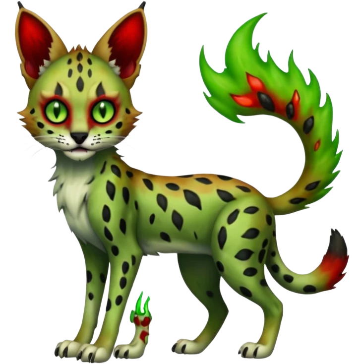 Dark-deep-blackish-Greenish Zombie-serval, full body, with green spectral haunted flames, big white claws, slit pupils, big red eyes,  emoji