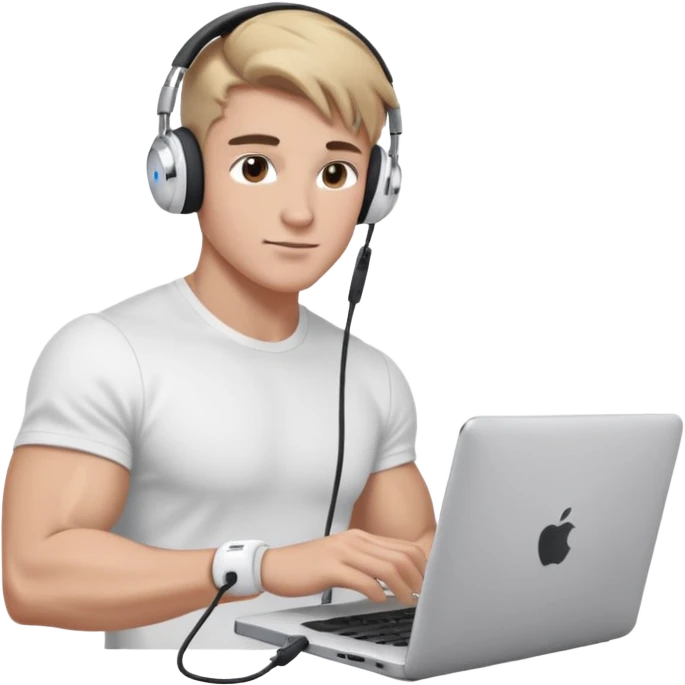 парень диджей накаченный молодой с диджейский пультом и ноутбуком красивый парень со светлыми волосами и черно кориченывыми глазамами и в наушниках apple airpods белых, в белой футболке emoji