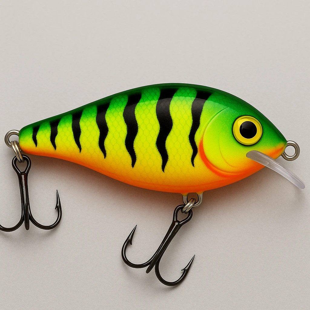 Edit the image of a Rapala fishing lure in side view to have the firetiger colorway, featuring vibrant orange, black stripes, and yellow accents typical of the firetiger pattern. emoji