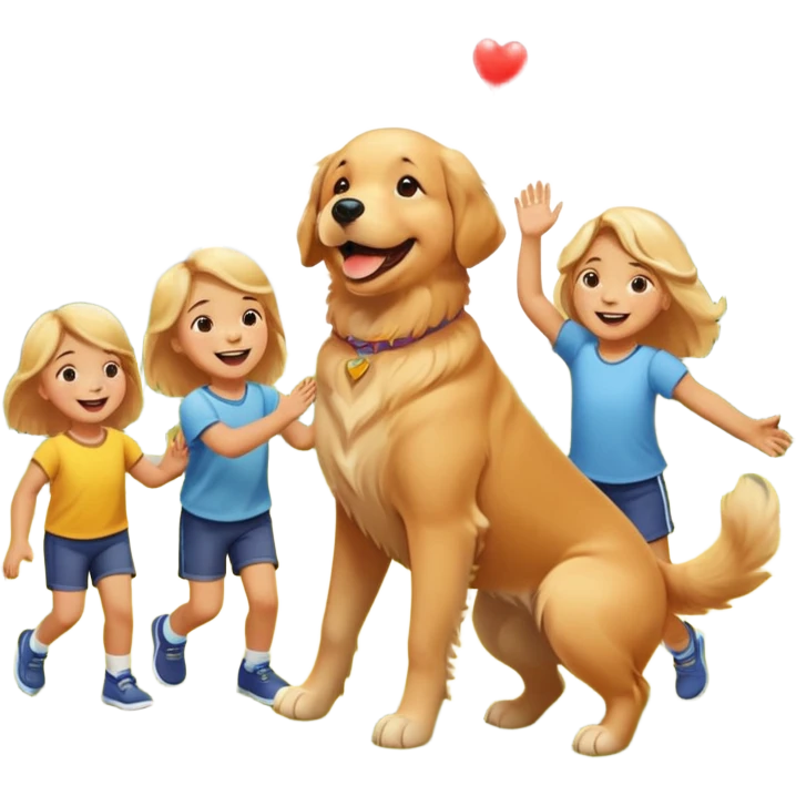 A Golden Retriever playing with children in a park, joyful interaction, warm sunlight, natural smiles, photorealistic family scene. emoji
