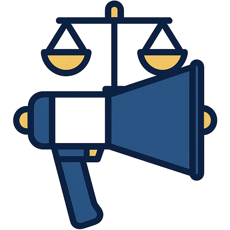 simple professional icon for advocacy consulting firm, combining megaphone and scales of justice, gold accent details, navy blue white gold color palette emoji