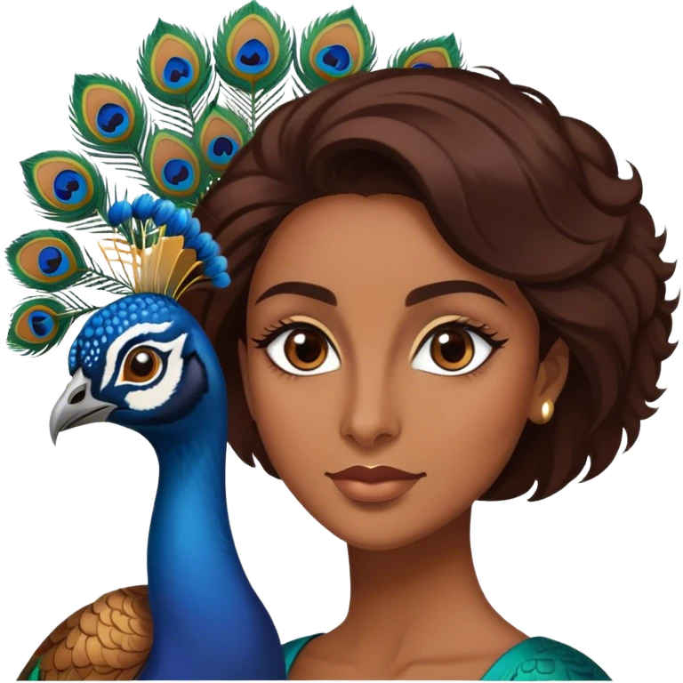 Brown eyed woman with peacock emoji