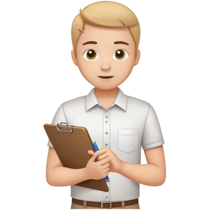 intern or volunteer holding a clipboard and pencil, ready to take notes or assist. The character wears a simple shirt and has an eager posture emoji