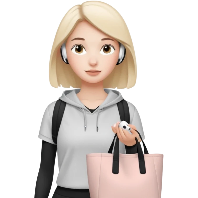 clean girl aesthetic emoji, wearing athleisure, airpods, natural look, carrying tote bag, subtle blush emoji