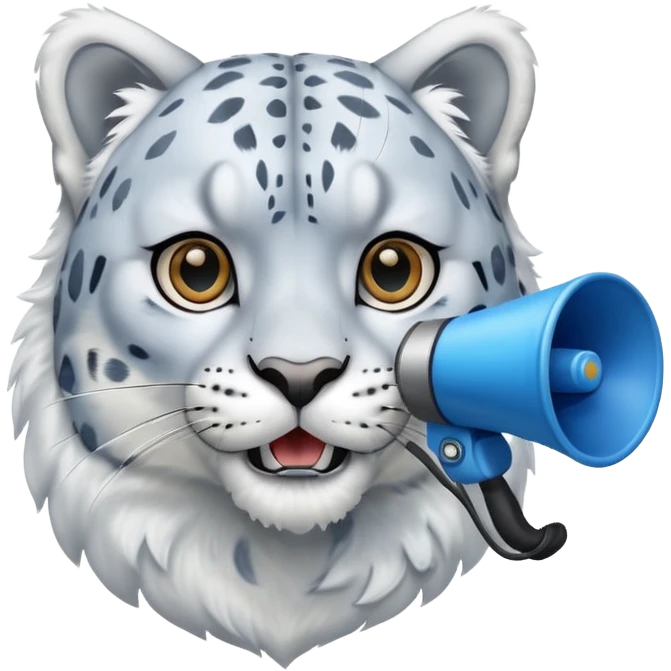 realistic snow leopard head speaking into a blue megaphone emoji