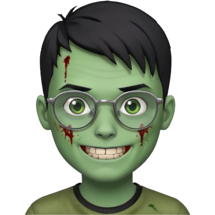 zombie boy, modern hair, green skin, black hair, glasses, risk on the eyebrow, scars, creepy expression, smile, silver teeth emoji
