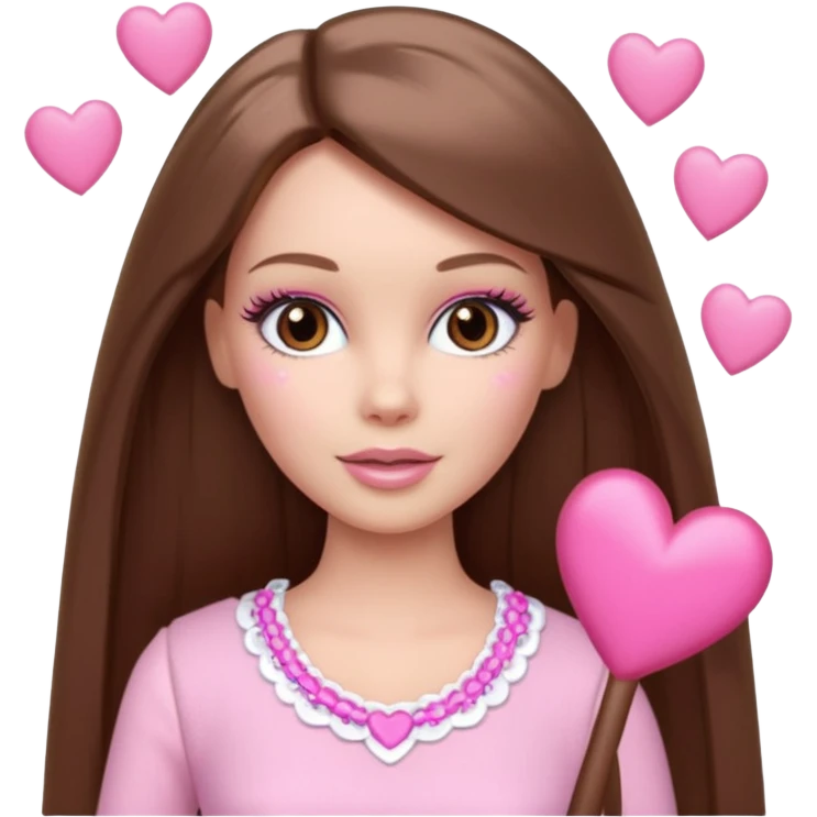 Barbie girl and  makeup , brown long straight hair and brown eyes is In pale pink clothes There are pink hearts all around emoji