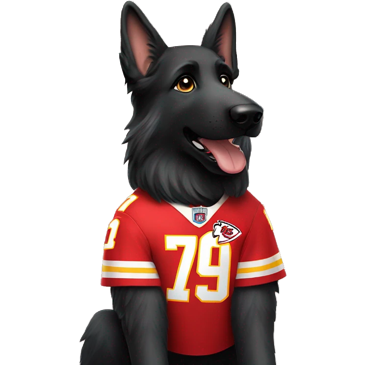black long haired German Shepherd dog wearing a Kansas City Chiefs jersey with the number 1 on the jersey jersey  emoji