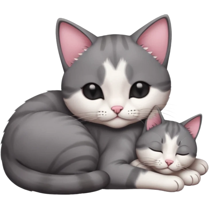 dark grey and white small cat with eyes closed, leaning his head on his paw while leaning on his elbow lying down emoji