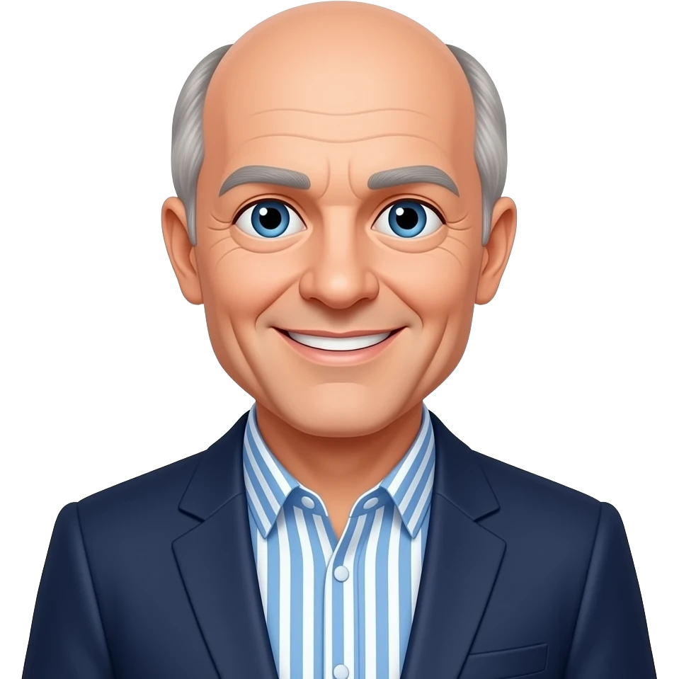 DJR - man, age 70, thin grey hair, bald head, blue eyes, blue and white vertical striped shirt, dark blue blazer, friendly smile emoji