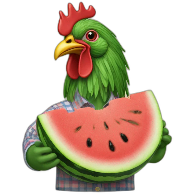 A COCKEREL IN AN EMBROIDERED SHIRT WITH A WATERMELON IN HIS HANDS emoji
