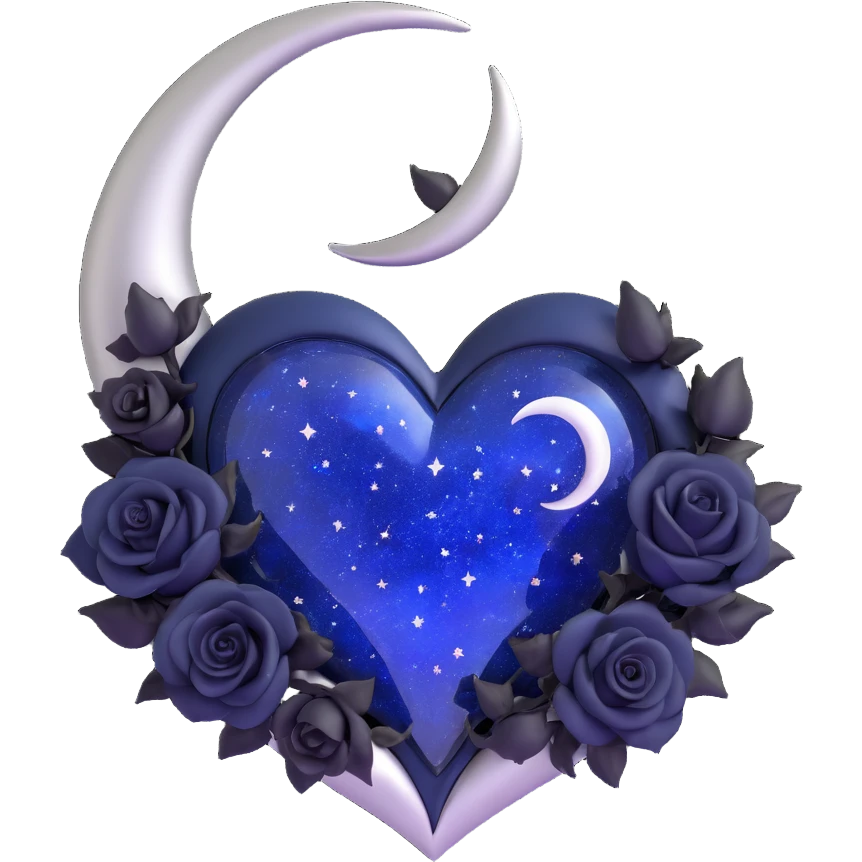 gothic heart in midnight blue glass with silver crescent moon, tiny black roses, shimmering stardust, no magical glowing aura emoji
