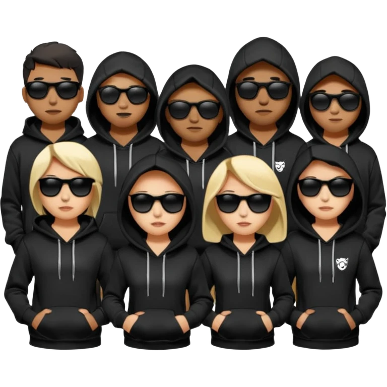 Gang wearing all black with black hoodies that say “Havoc”.with black sunglasses emoji