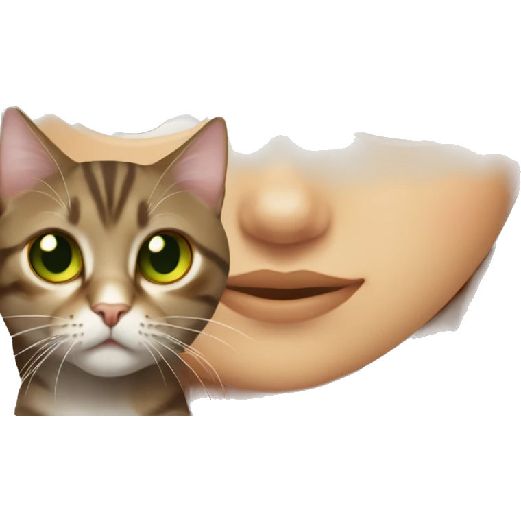 red haired girl with green eyes holding a small brown and gray tabby cat with yellow eyes emoji