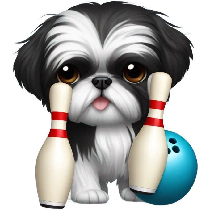 All Black shih tzu bowling, bowling ball and pins emoji