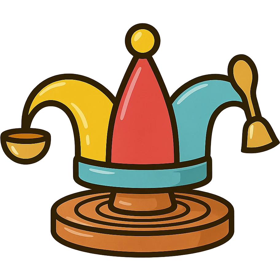 vector logo of a jester's hat with ceramic glaze texture, pottery wheel base, one bell is a clay bowl, another is a wooden spoon, warm inviting colors yellow, sky blue, raspberry red, playful yet elegant, suitable for culinary and pottery workshop brand emoji