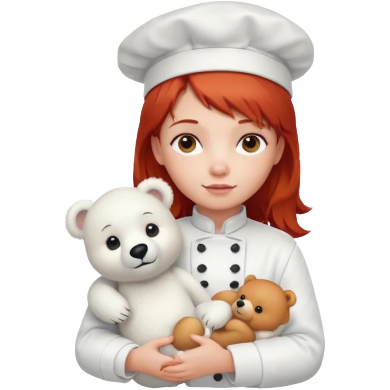girl kid italian chef, red haired, uniform, holding plush polar bear emoji