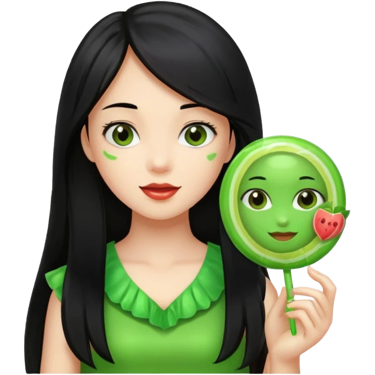 A girl with long black hair holding a piece of green hard candy in one hand and a green candy wrapper showing a guava on it in the other hand emoji