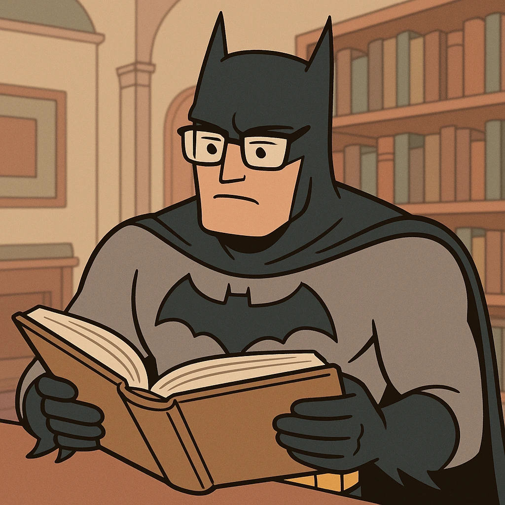 Batman with glasses, reading a large book, academic environment emoji