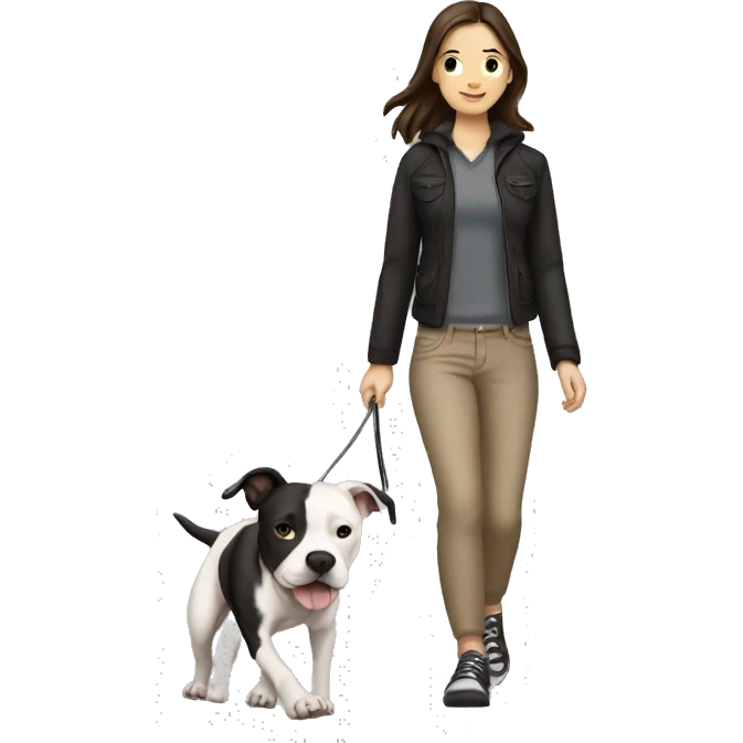 White brunette Girl walking a black pit bull emoji