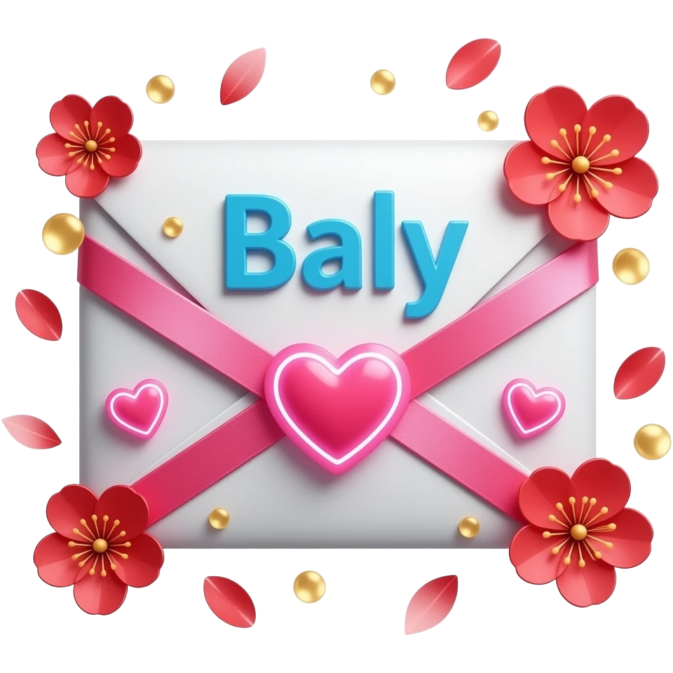 A sleek, sky blue text 'Baly' decorative mail, adorned with satin ribbons and glowing neon-pink hearts. Surrounded by floating red blossom petals and golden bokeh. Vibrant, modern, and feminine with a cinematic glow emoji