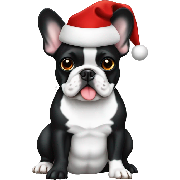 Black and white French bulldog with Christmas hat  emoji