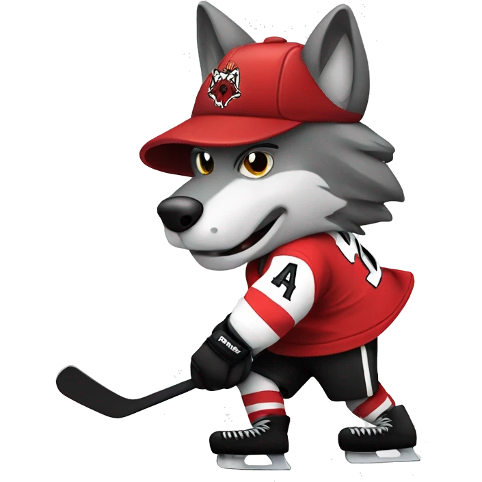 A wolf in a red black and white hockey uniform with a wolf emblem is playing hockey emoji