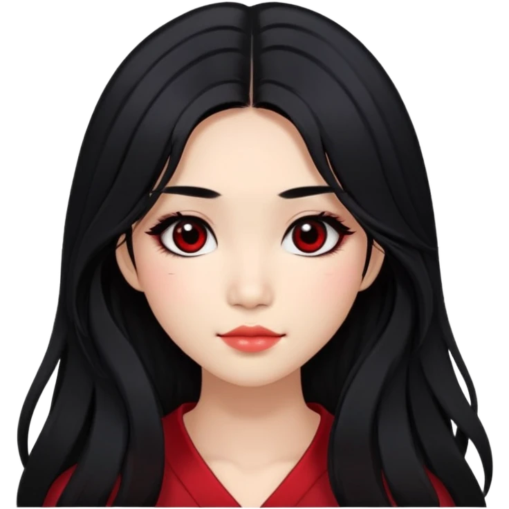 Asian girl with very long shaggy black hair, big black eyes. middle part hair. long lower lashes, cheekbones with red blush. big dimples. simple dark makeup.  emoji