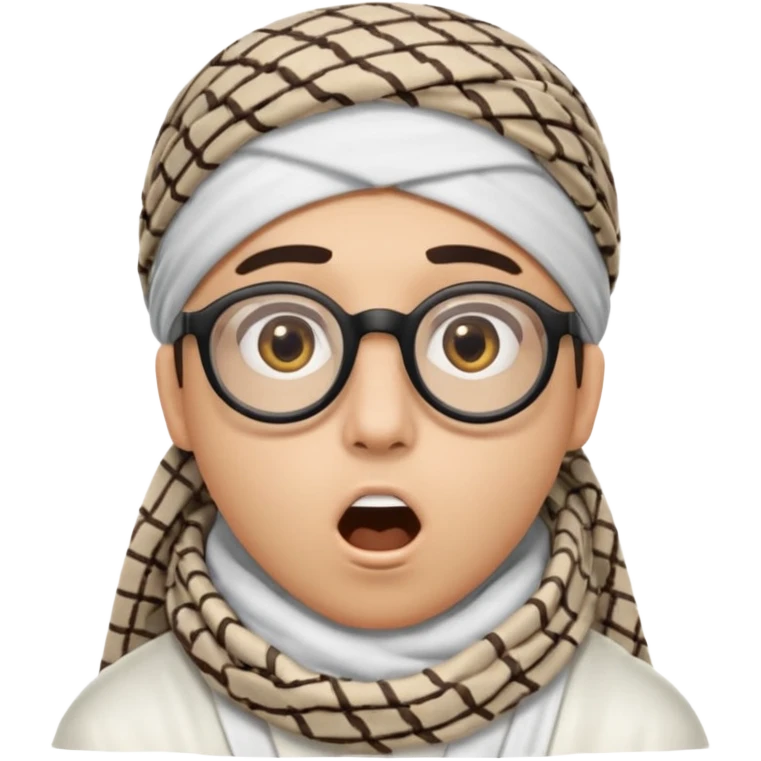 A person with light skin tone, wearing a traditional white shemagh with a BALCK AGAL, large brown eyes, round glasses, and an open mouth showing a surprised or shocked expression. emoji