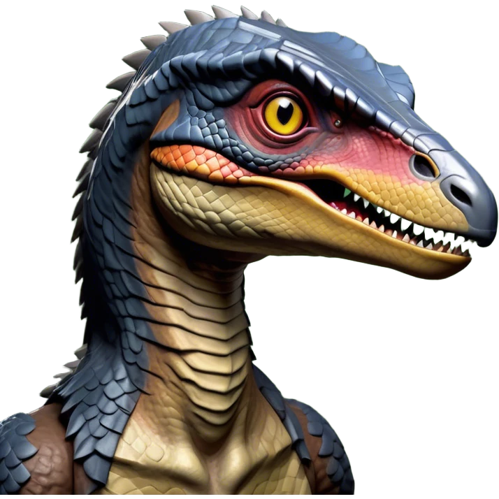 Cinematic Noble jurassic park Velociraptor Portrait Emoji, Poised and menacing, with a sleek, muscular build clad in dark, scaly skin reminiscent of jurassic park Park’s iconic raptor, a sharply curved snout and piercing, intelligent eyes that exude predatory cunning, Simplified yet boldly defined features, highly detailed, glowing with a cool, ominous radiance, high shine, intelligent and relentless, stylized with an air of cinematic prehistoric authority, focused and alert, soft glowing outline, capturing the essence of a watchful and confident jurassic park Velociraptor that appears ready to dash out of the screen with effortless power! emoji