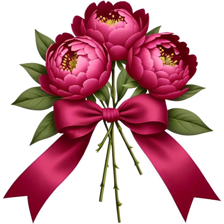peonies in Persian red color tied with silk aesthetic ribbon of powder raspberry color in glamour vintage theme emoji