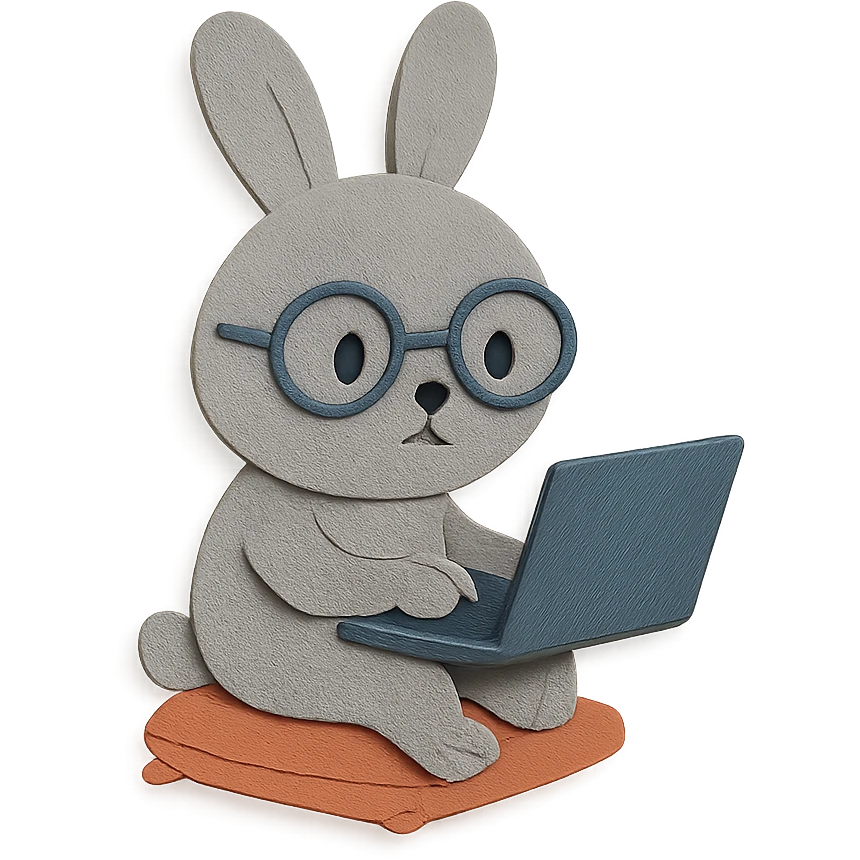 full-body round-faced gray bunny wearing glasses, sitting on a small cushion, working on a laptop with focused eyes, paper-craft style emoji
