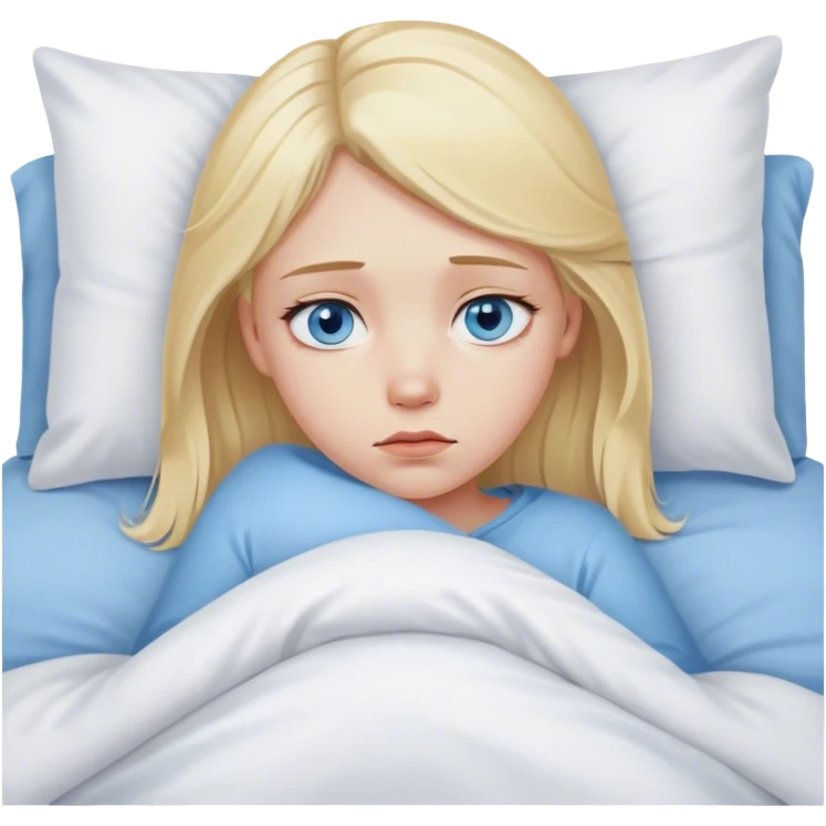 Sad blonde girl blue eyes in bed emoji