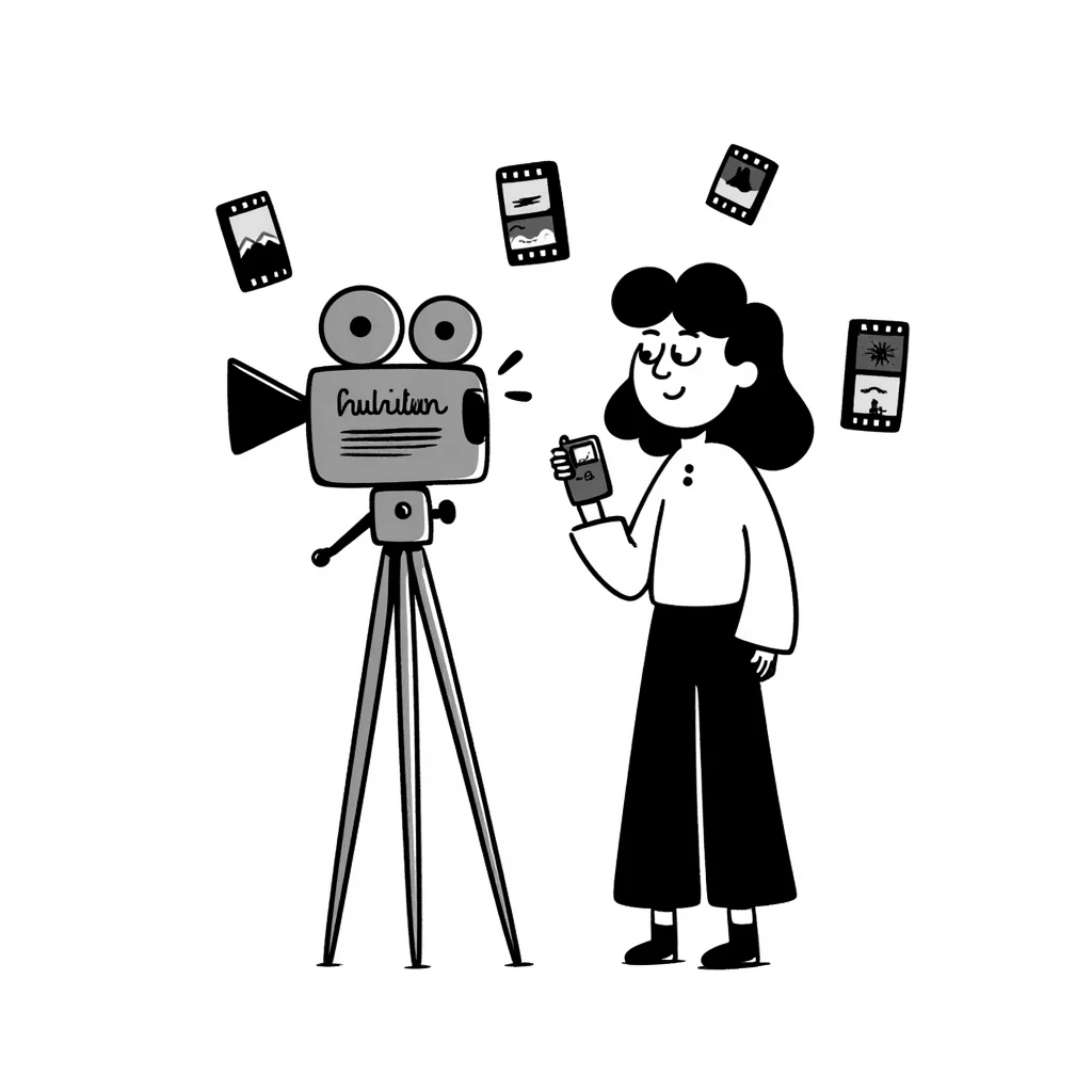 Hand-drawn film strips and an old school film camera with a photographer emoji