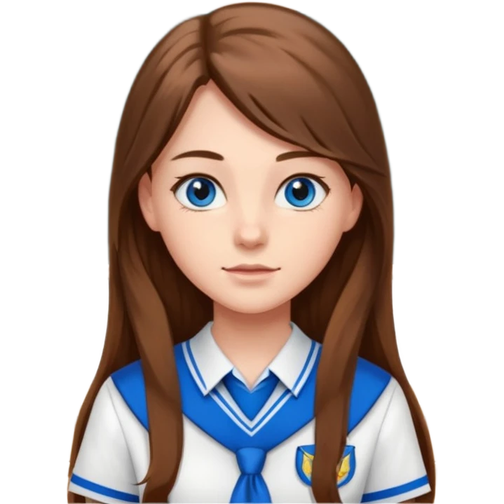 high school class room with a pretty female high school student with long brown hair, blue eyes emoji
