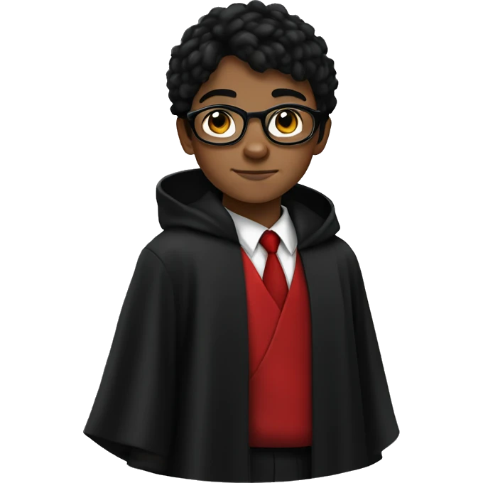 young boy with black hair, green eyes, round black glasses, dressed in black robes with a red tie emoji