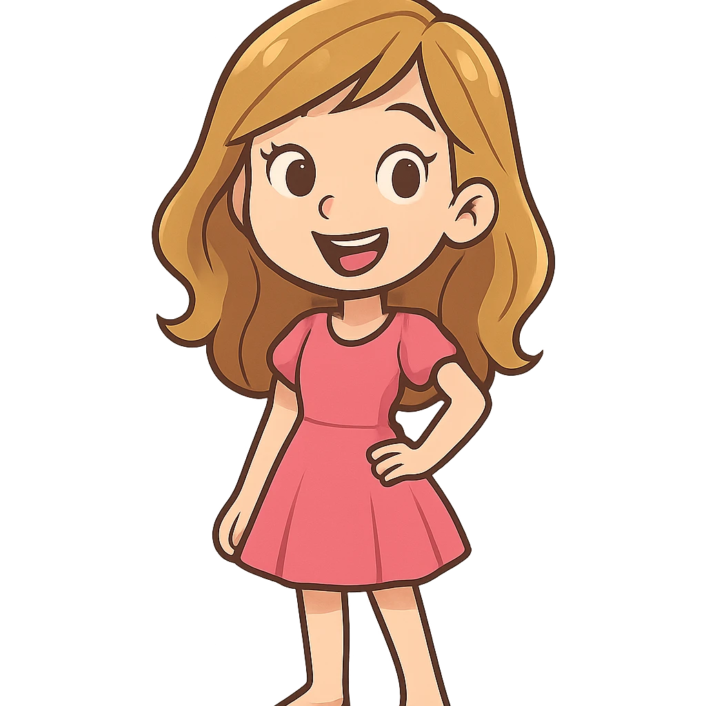 pretty girl with bronde hair in a pink dress, smiling, standing pose, cartoon style emoji
