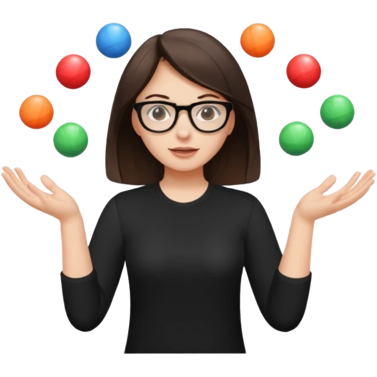 a brunette girl in a black shirt wearing glasses is  juggling  with two hands  emoji