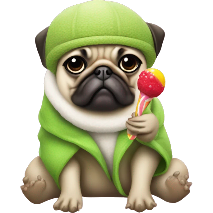 Pug wearing Ugg slippers and a frog hat eating a lolly emoji