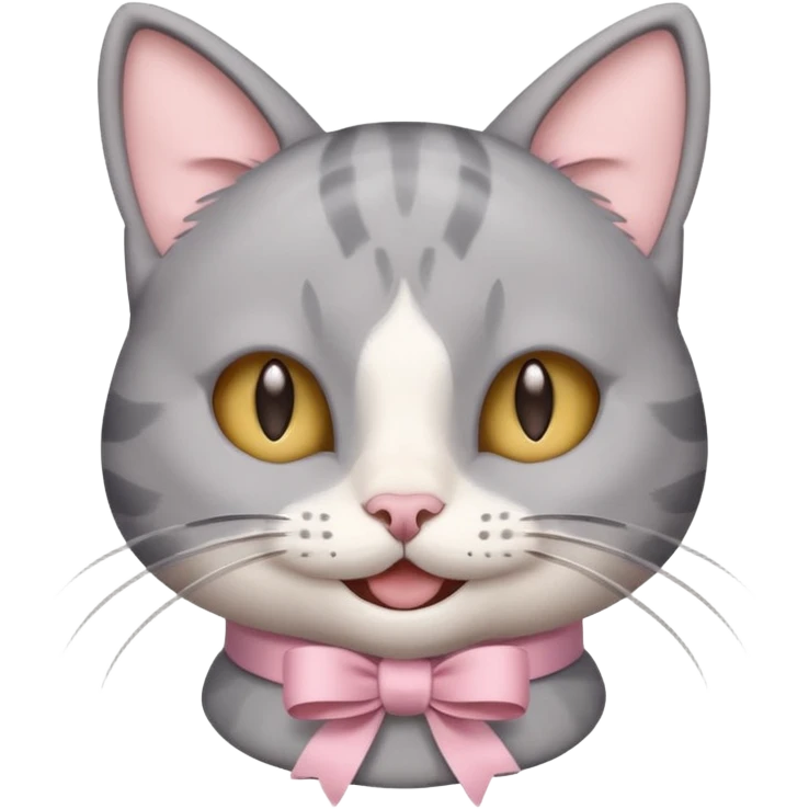 Head of a grey cat, smiling, with a loose ribbon on top of its head emoji